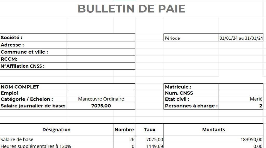 Modèle de bulletin de paie en RDC