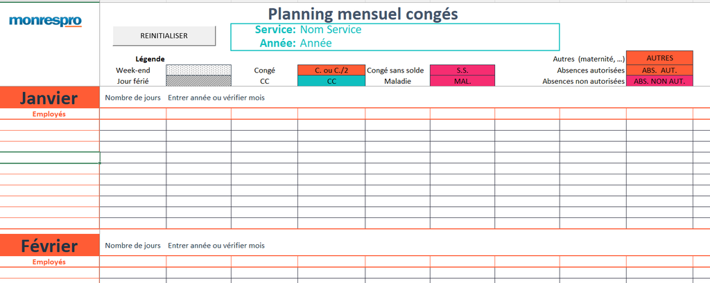 Modèle Planning de congés - format Excel