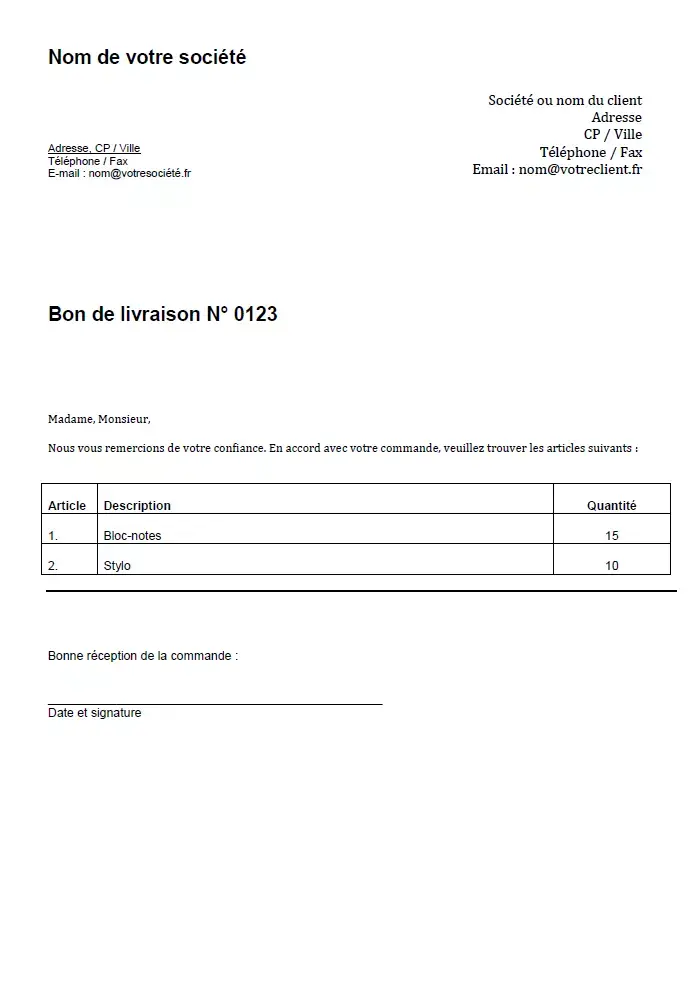 Modèle de bon de livraison (M16551)