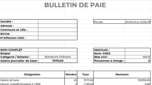 [M71724] Modèle de bulletin de paie en RDC