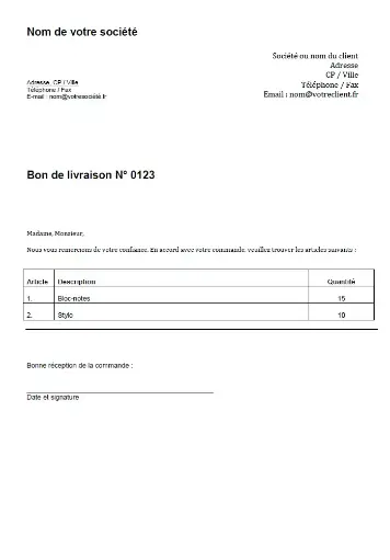 Modèle de bon de livraison (M16551)